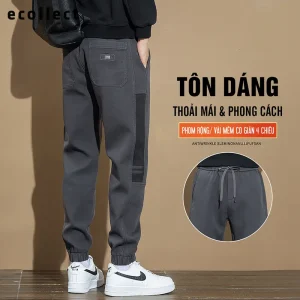 Quần jogger casual nam kaki phối sọc ECOLLECT vải denim cotton co giãn 4 chiều phom rộng thời trang thoải mái - QD07 Menswear Pants Có Túi Cargo