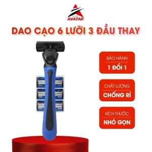 Bộ Dao Cạo 6 Lưỡi AVATAR, Bao Gồm 1 Tay Cầm Dao Cạo Và 3 Hộp Đựng Nạp, Cạo Trơn Tru, Tay Cầm Màu Xanh Dương, Lưỡi Thân Thiện Với Làn Da